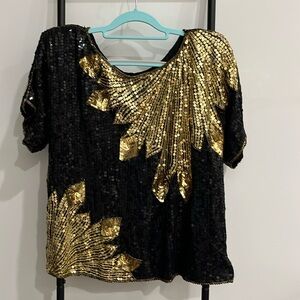 Vintage 80s Cee Cee Silk Short Sleeve Sequin Blouse Top Oversize Y2K Size S